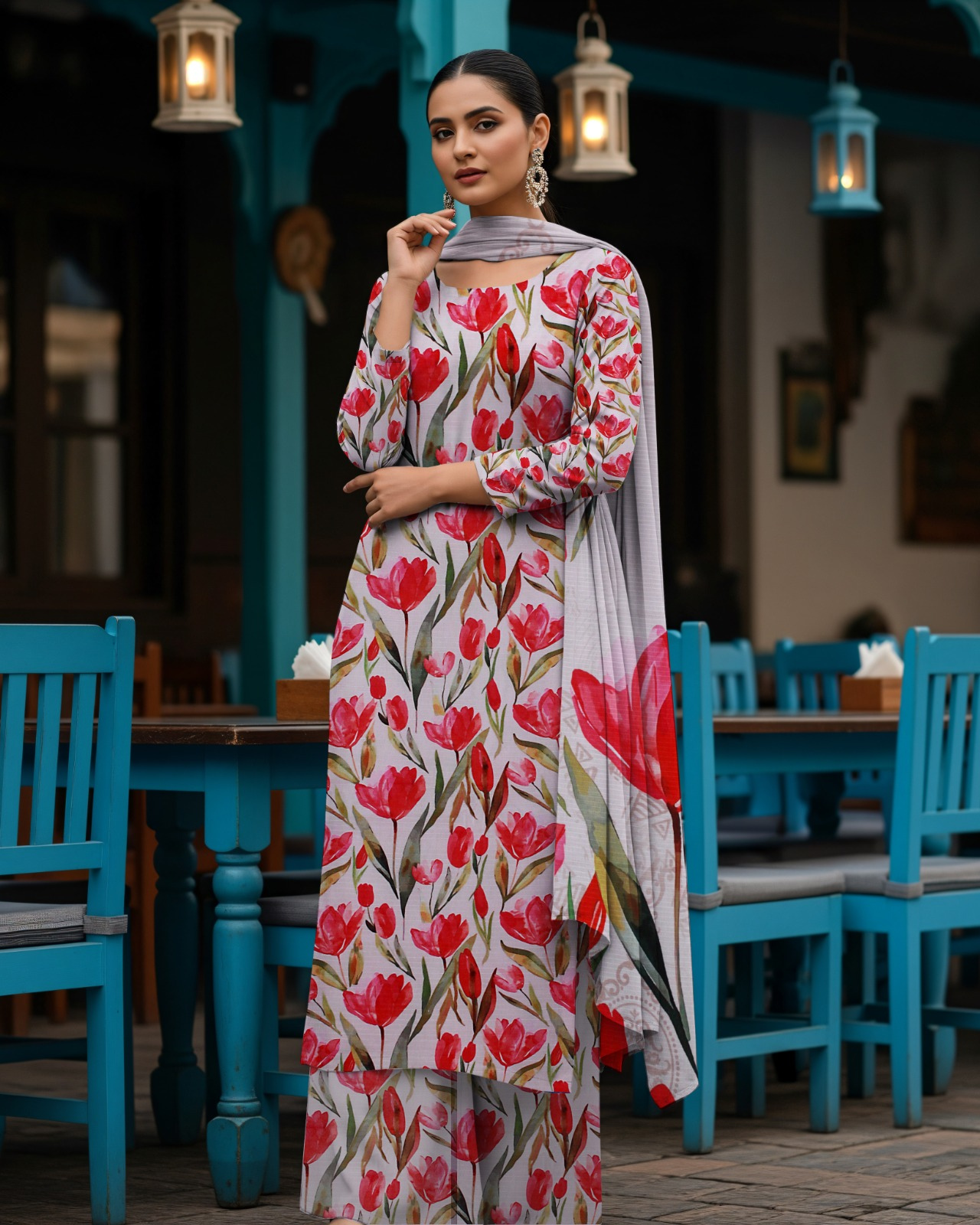 3 PIECE PRINTED LINEN SUIT-LIGHT LAVENDER (UNSTICHED)