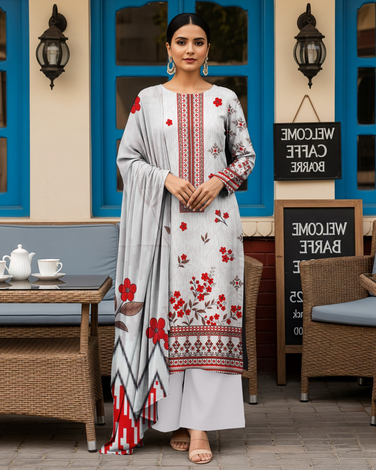 3 PIECE PRINTED LINEN SUIT-LIGHT GRAY (UNSTICHED)