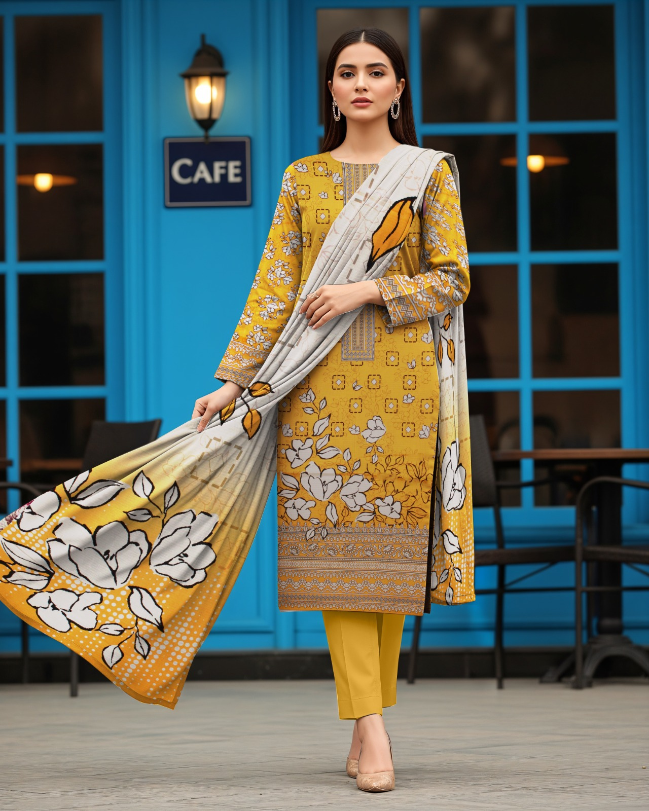 3 PIECE PRINTED LINEN SUIT-MUSTARD YELLOW (UNSTICHED)