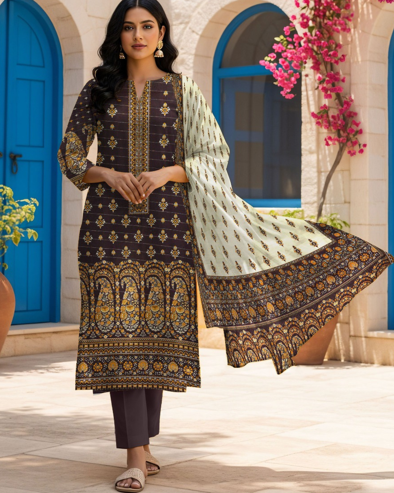 3 PIECE PRINTED KHADDAR SUIT-DARK BROWN (UNSTICHED)