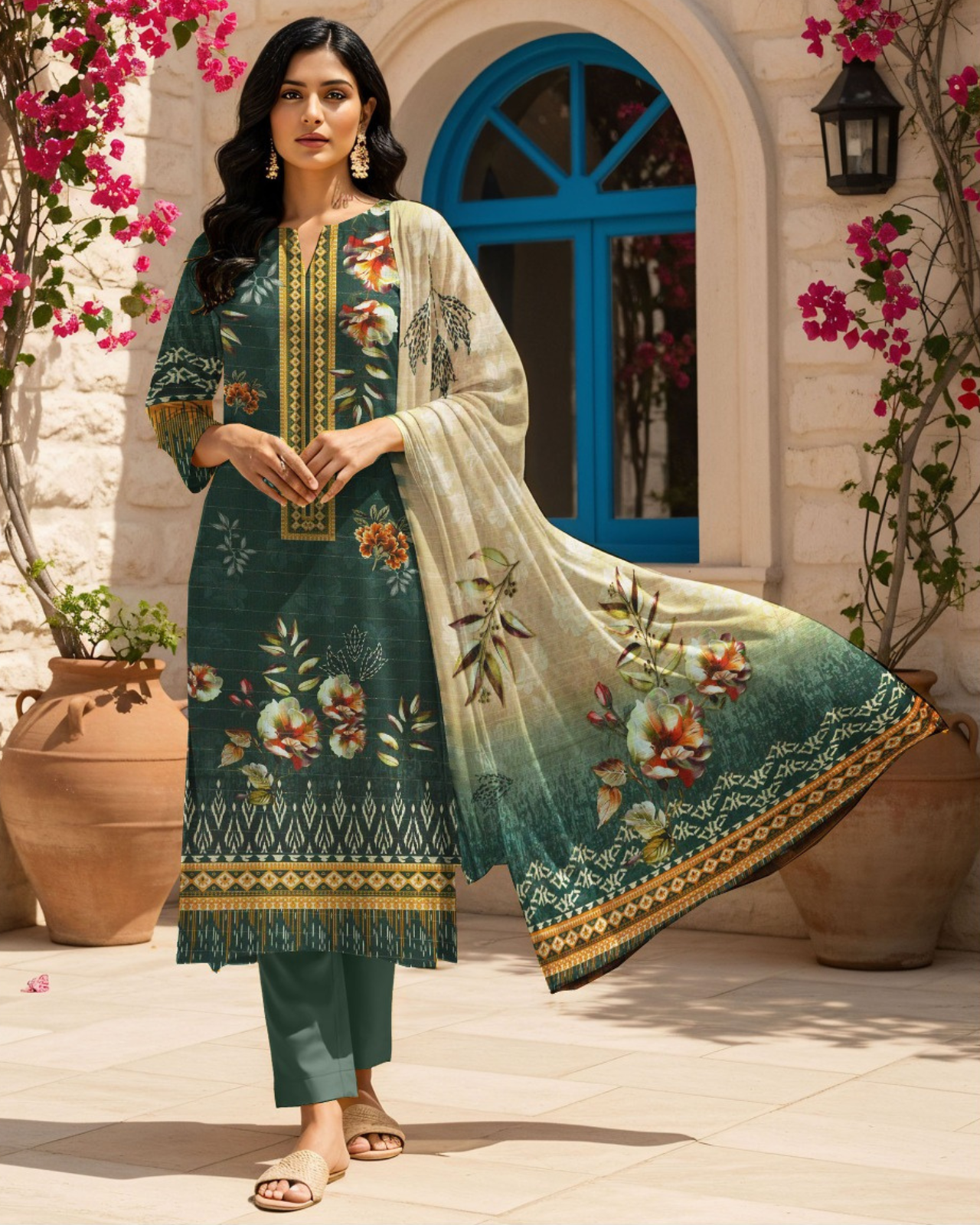 3 PIECE PRINTED KHADDAR SUIT-GREEN (UNSTICHED)