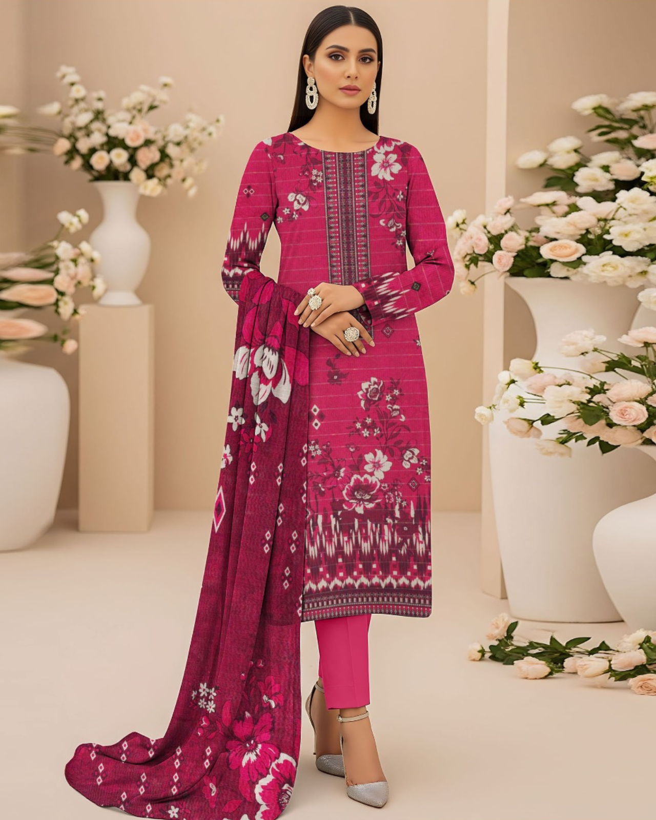 3 PIECE PRINTED KHADDAR SUIT-DEEP PINK (UNSTICHED)