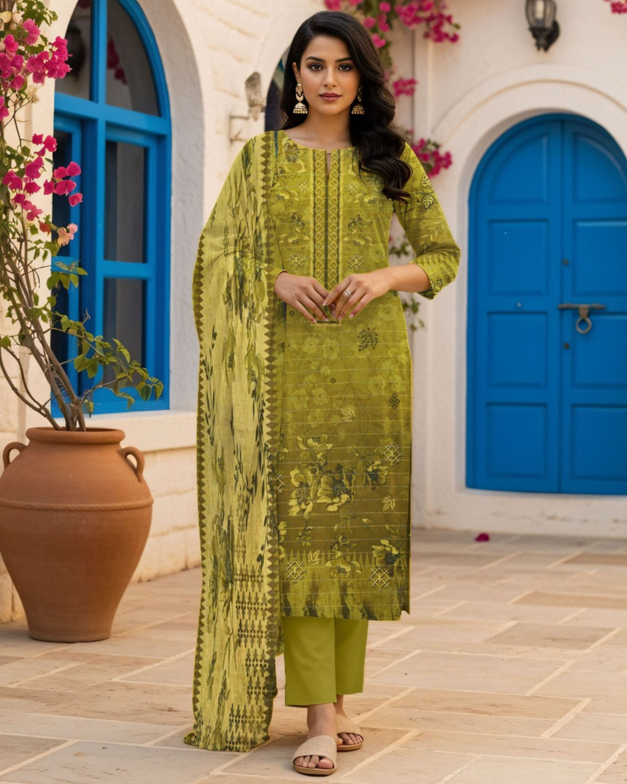 3 PIECE PRINTED KHADDAR SUIT-OLIVE GREEN (UNSTICHED)