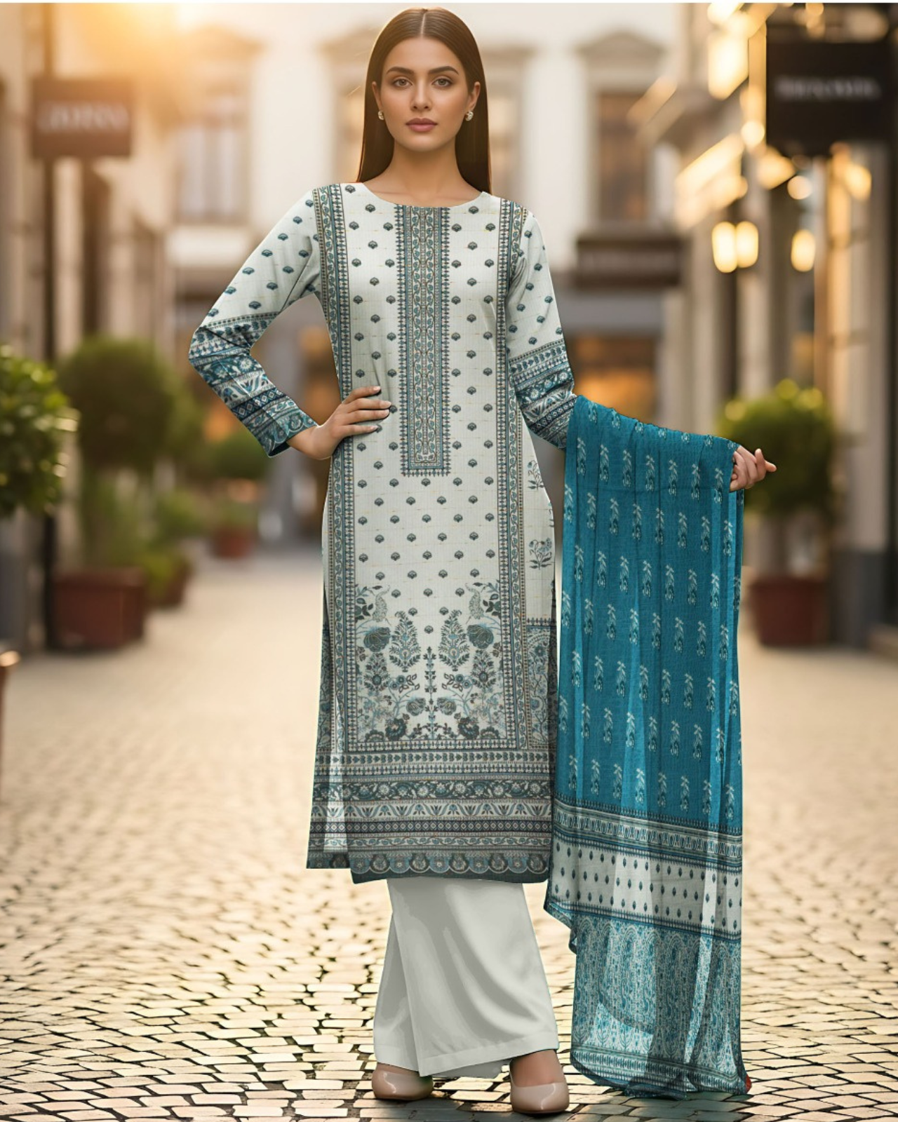 3 PIECE PRINTED KHADDAR SUIT-OFF WHITE (UNSTICHED)
