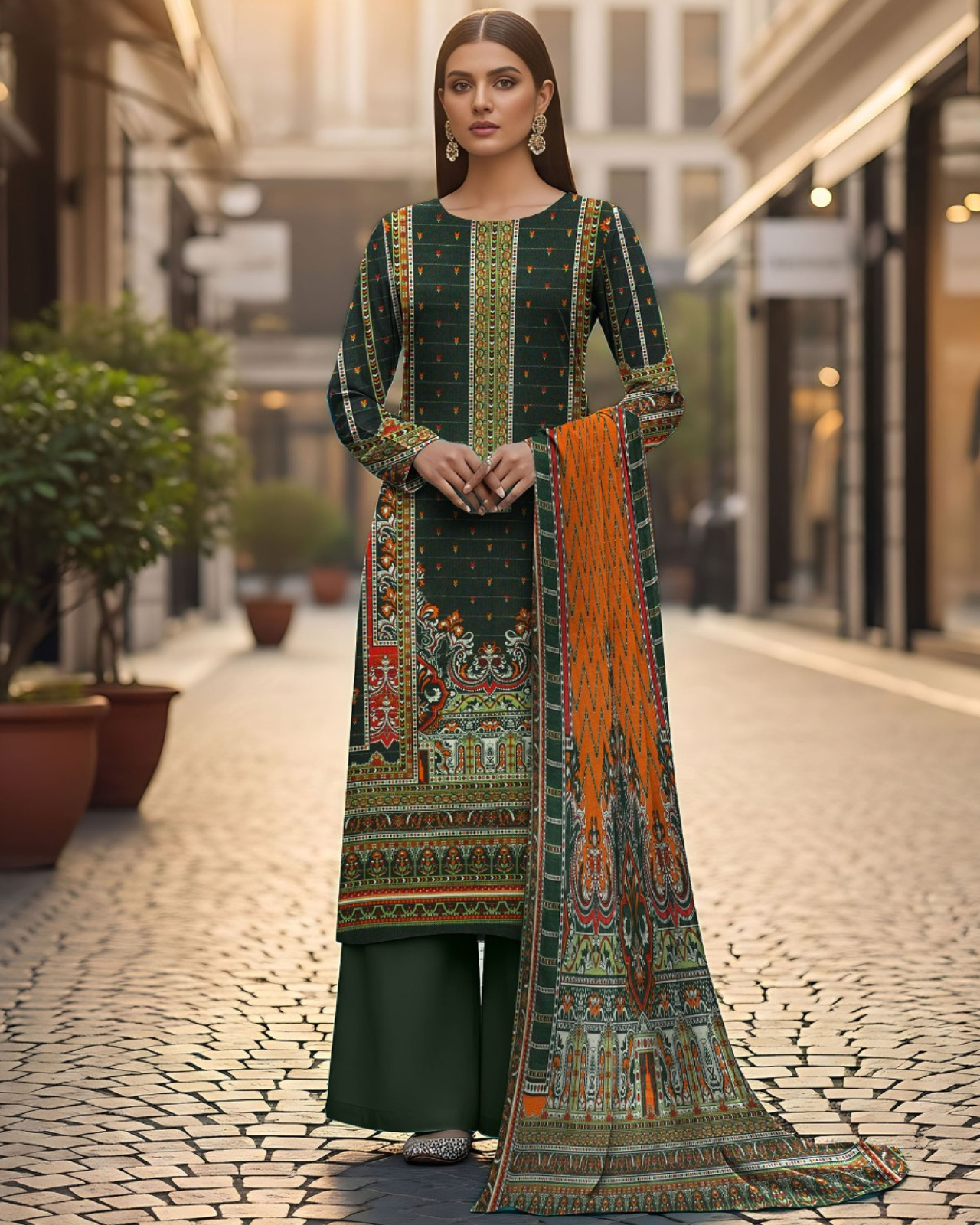 3 PIECE PRINTED KHADDAR SUIT-DARK GREEN (UNSTICHED)