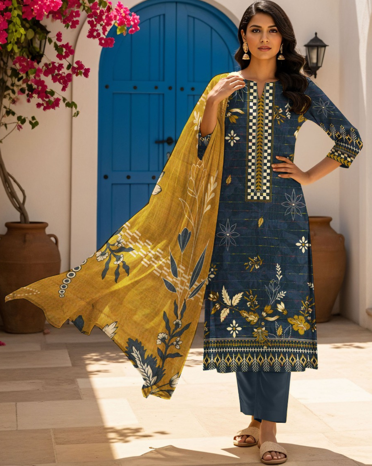3 PIECE PRINTED KHADDAR SUIT-NAVY BLUE (UNSTICHED)