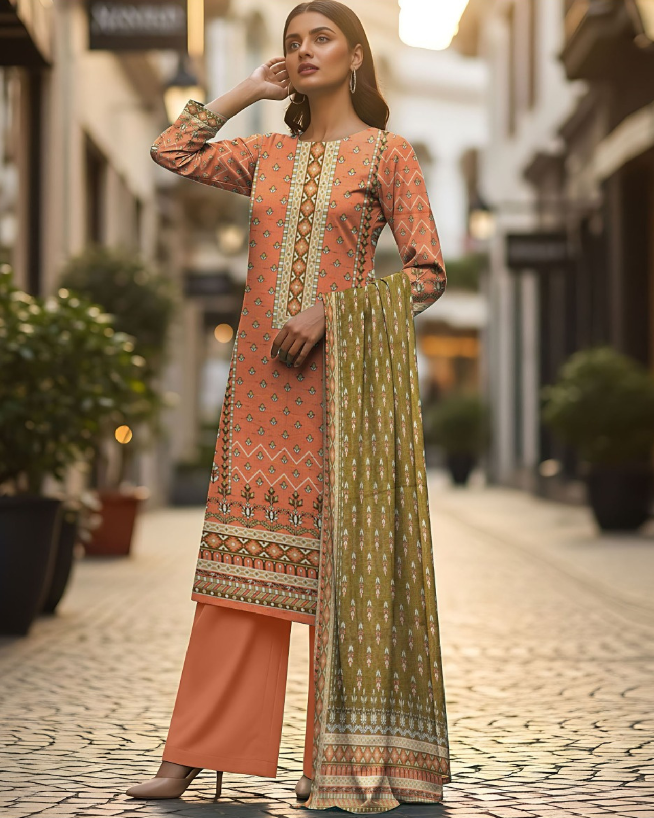 3 PIECE PRINTED KHADDAR SUIT-PEACH ORANGE (UNSTICHED)