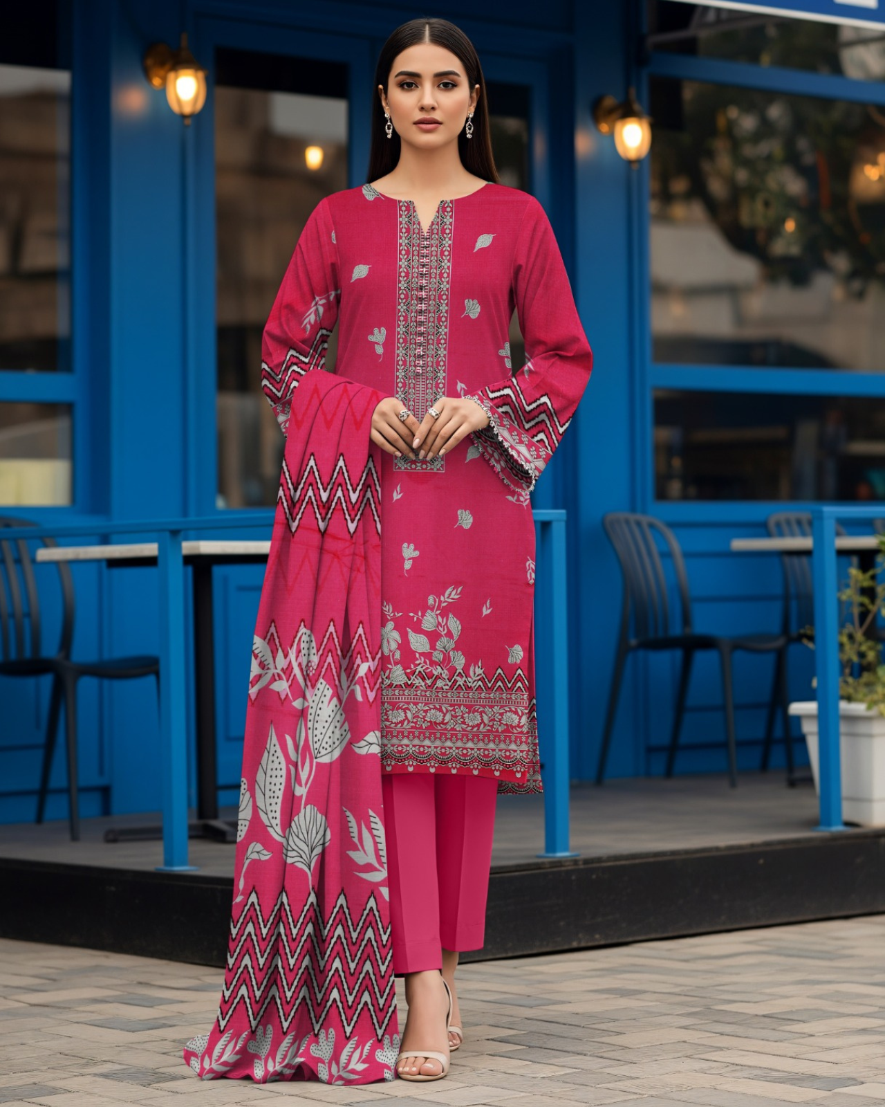 3 PIECE PRINTED LINEN SUIT-DEEP PINK (UNSTICHED)