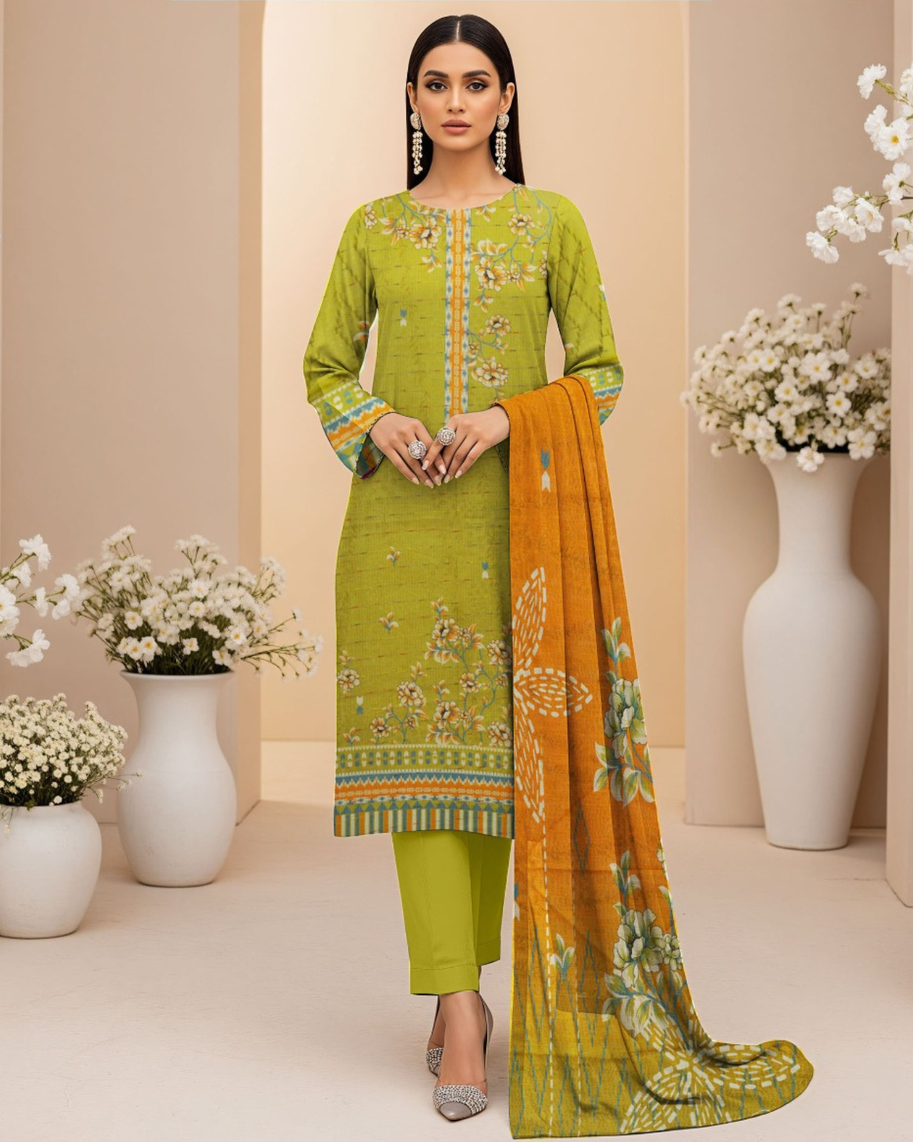 3 PIECE PRINTED KHADDAR SUIT-LIME GREEN (UNSTICHED)