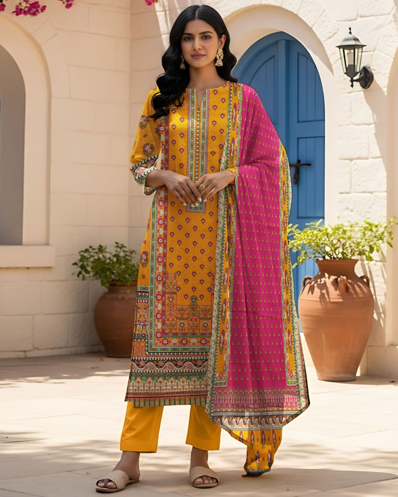 3 PIECE PRINTED KHADDAR SUIT-MUSTARD YELLOW (UNSTICHED)