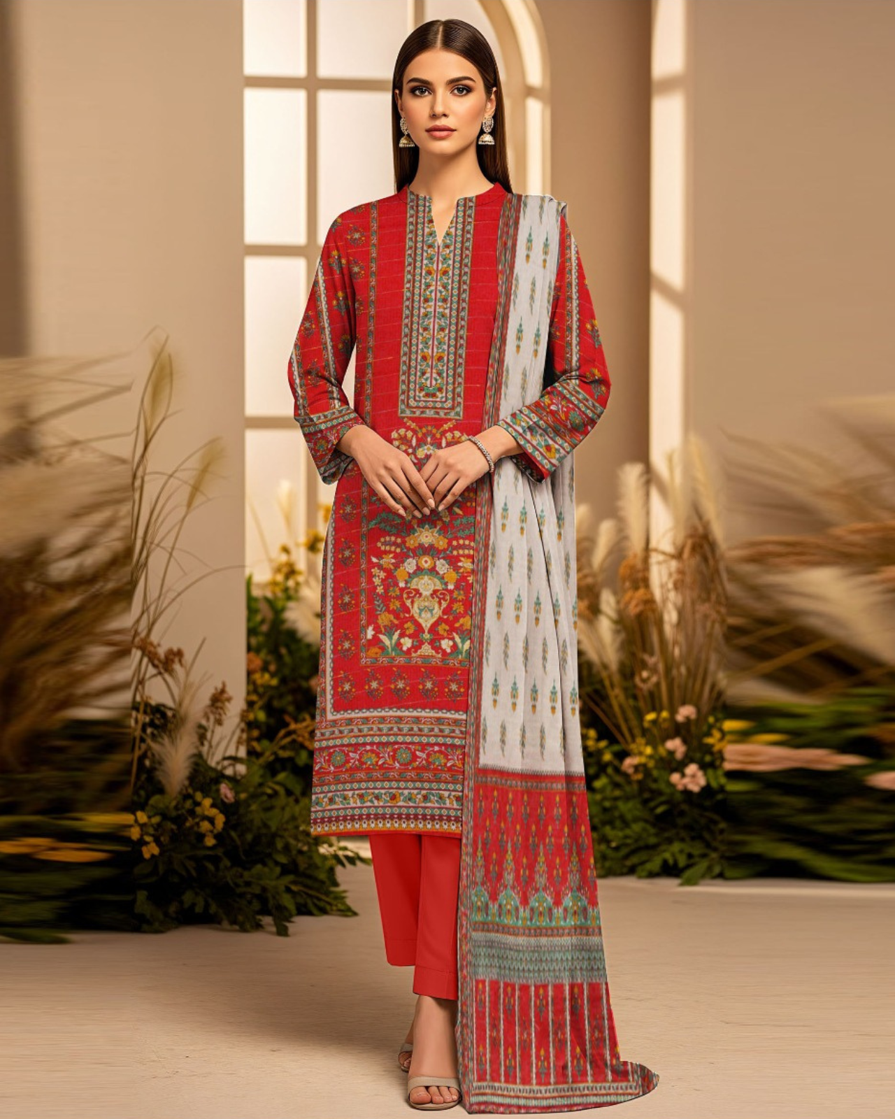 3 PIECE PRINTED KHADDAR SUIT-RED (UNSTICHED)