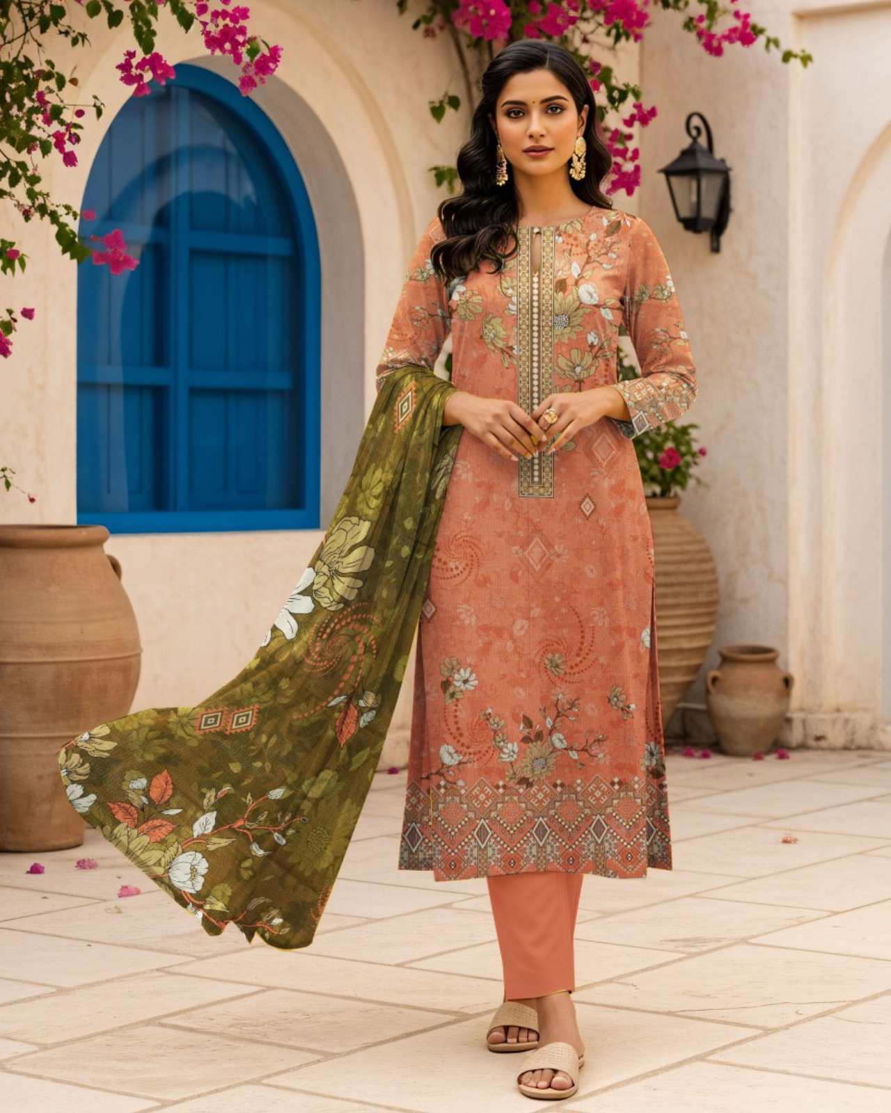 3 PIECE PRINTED KHADDAR SUIT-WARM PEACH (UNSTICHED)