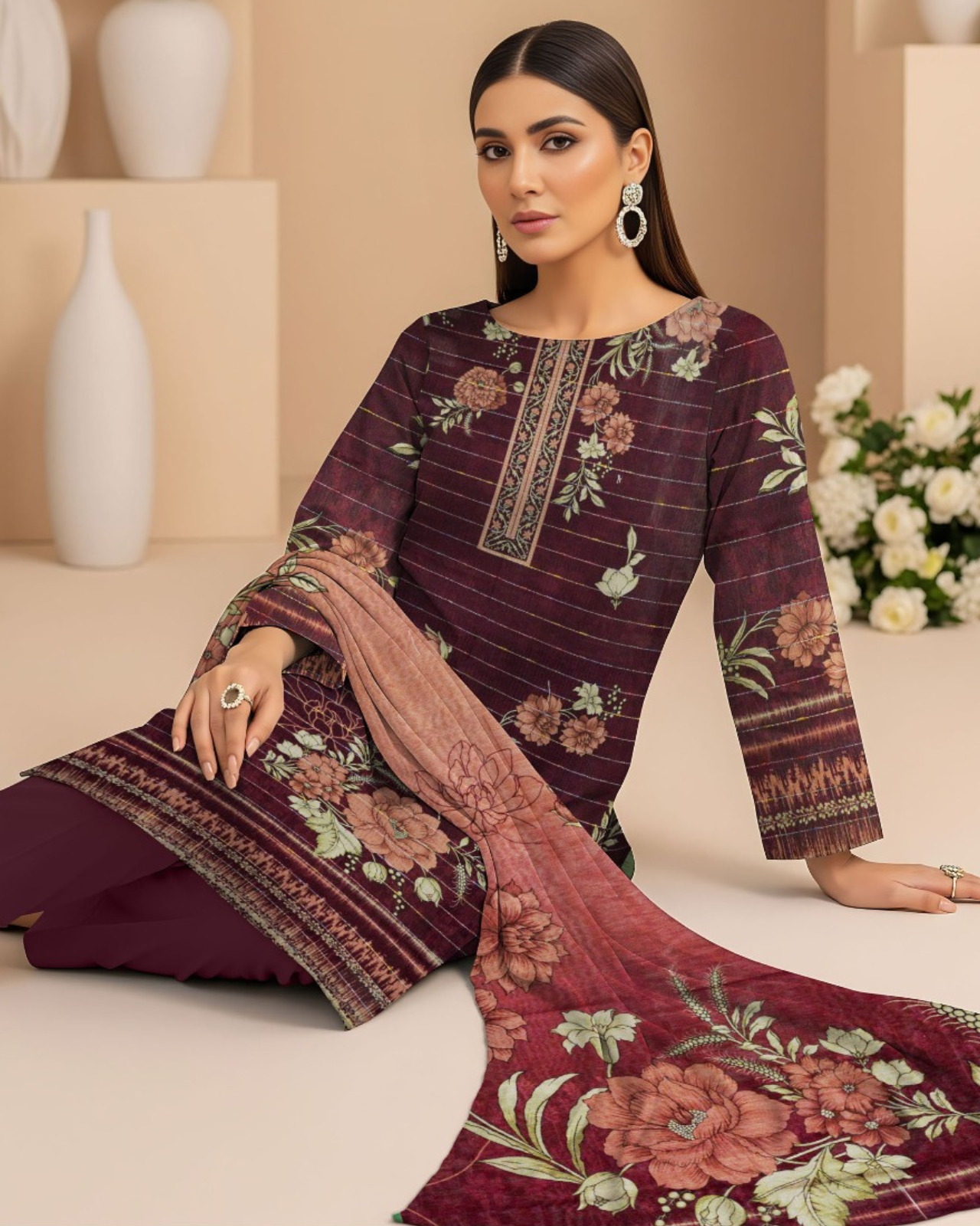 3 PIECE PRINTED KHADDAR SUIT-DEEP MAHROON (UNSTICHED)