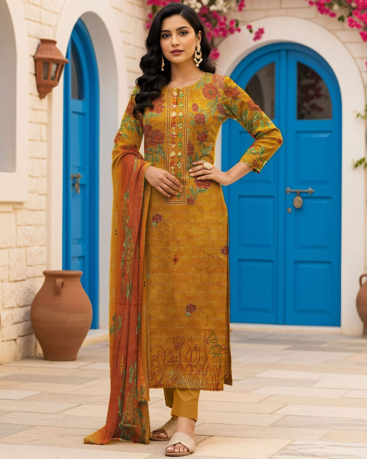3 PIECE PRINTED KHADDAR SUIT-MUSTARD YELLOW (UNSTICHED)