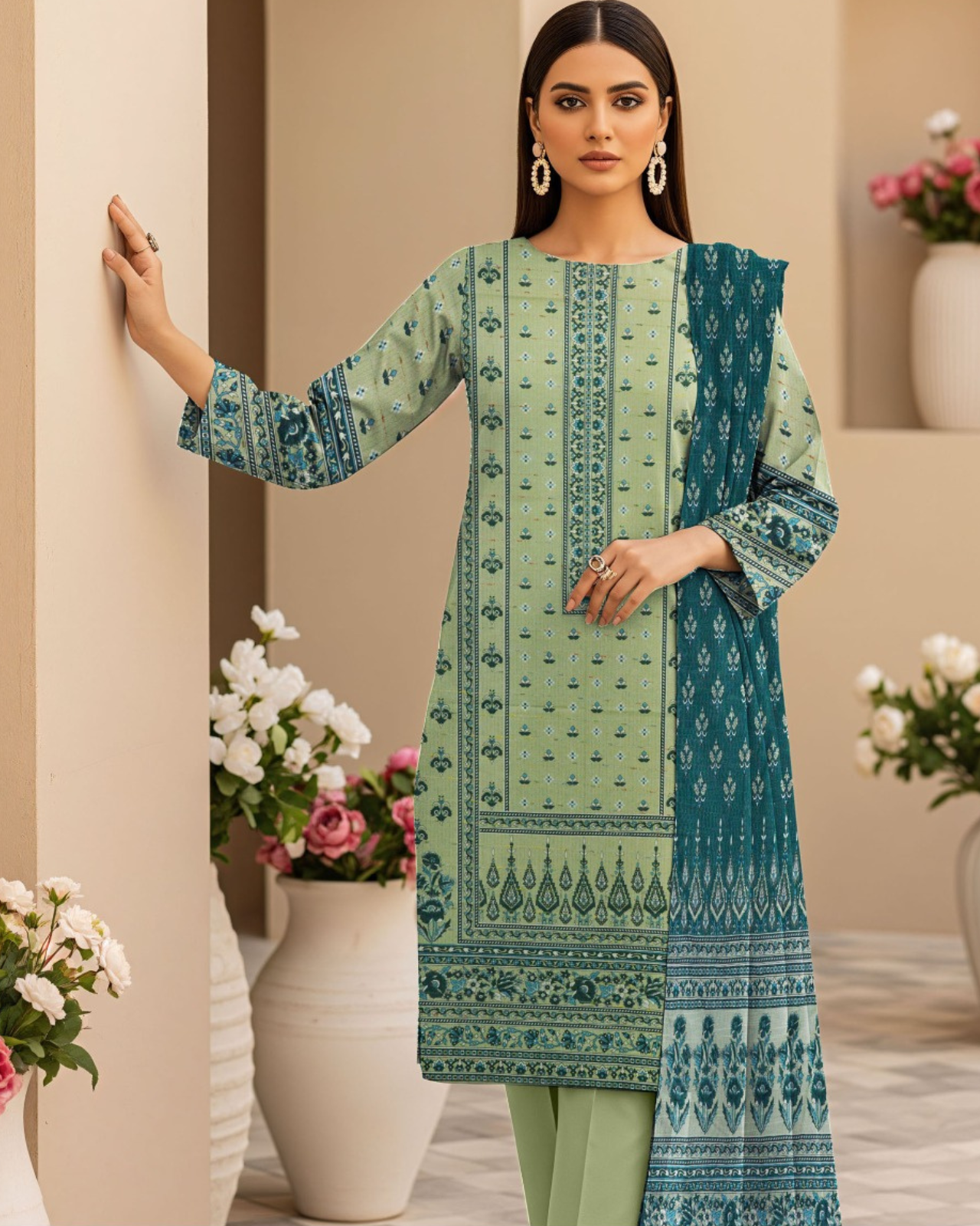 3 PIECE PRINTED KHADDAR SUIT-LIGHT GREEN (UNSTICHED)