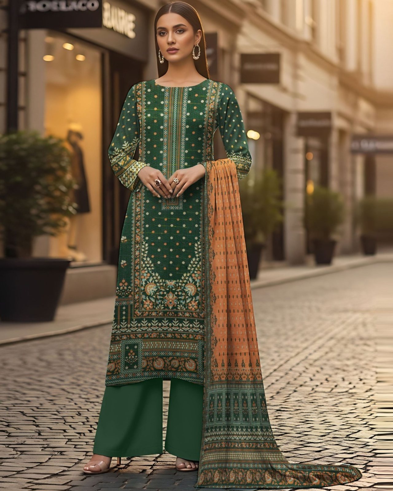 3 PIECE PRINTED KHADDAR SUIT-DARK GREEN (UNSTICHED)