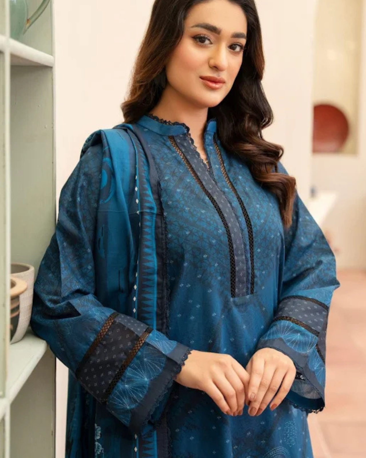 3 PIECE PRINTED KHADDAR SUIT-DEEP BLUE (UNSTICHED)