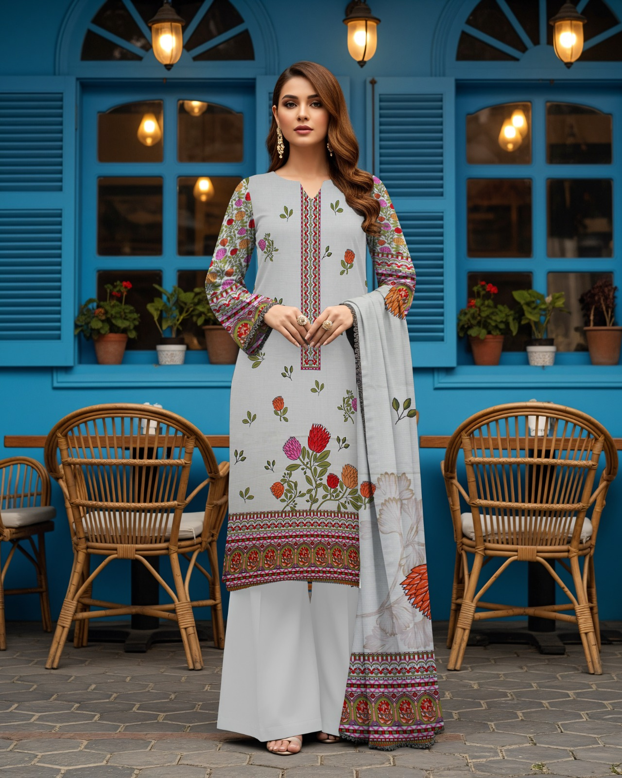 3 PIECE PRINTED LINEN SUIT-LIGHT GRAY (UNSTICHED)