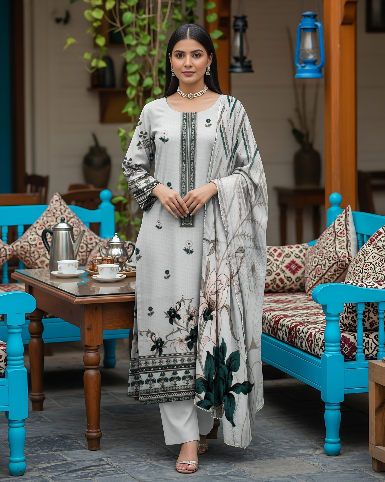 3 PIECE PRINTED LINEN SUIT-LIGHT GRAY (UNSTICHED)