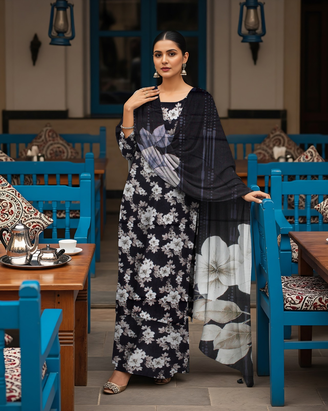 3 PIECE PRINTED LINEN SUIT-LIGHT BLACK (UNSTICHED)