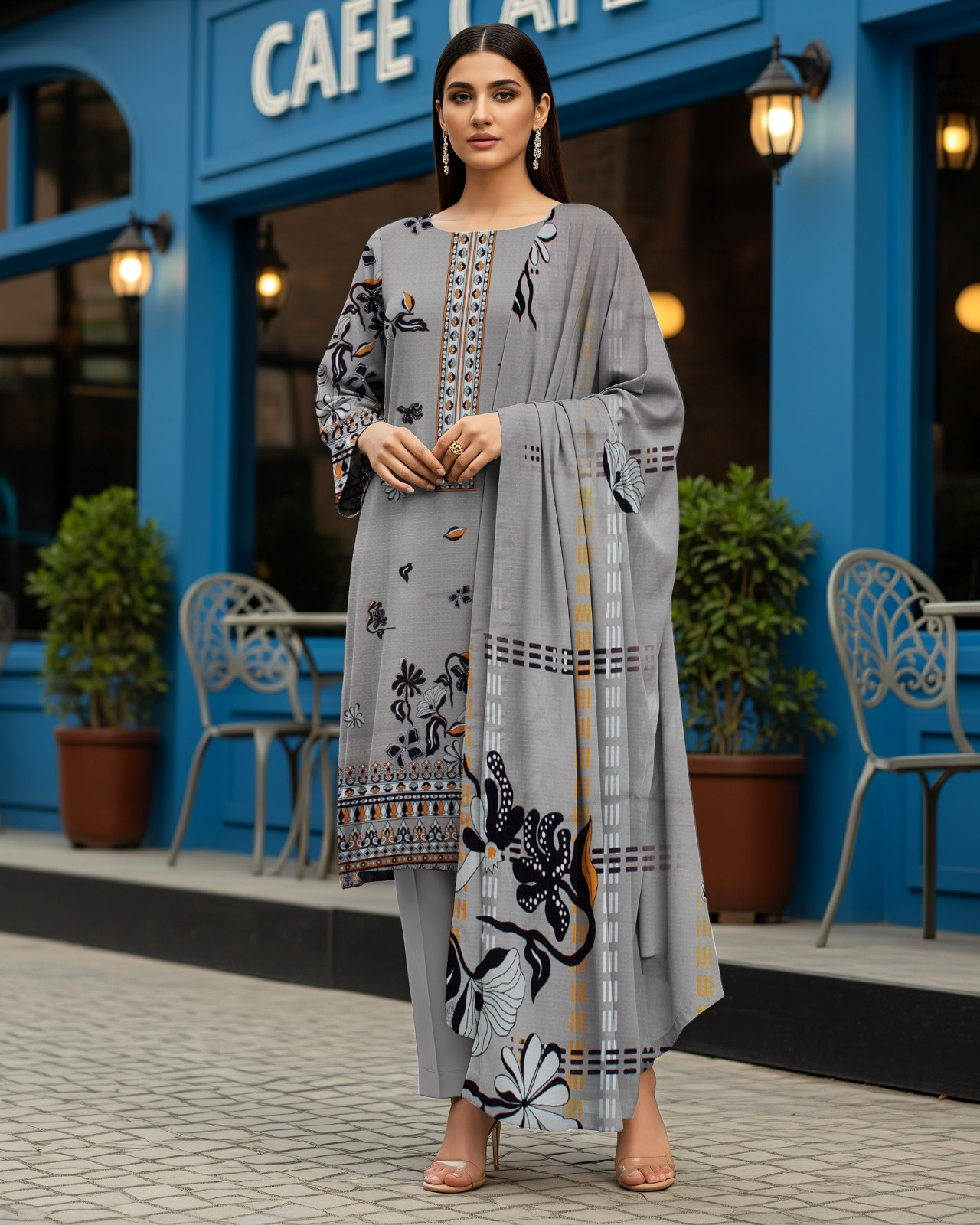 3 PIECE PRINTED LINEN SUIT-DARK GRAY (UNSTICHED)