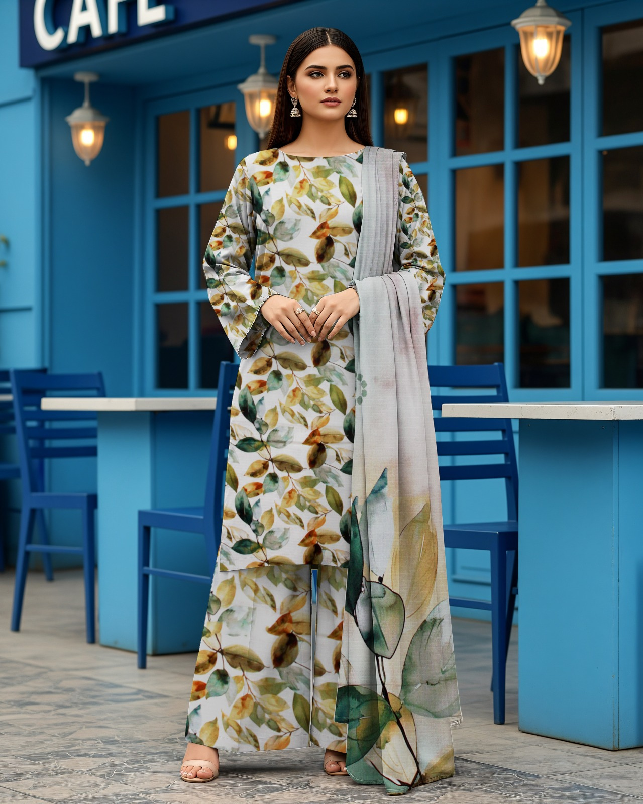 3 PIECE PRINTED LINEN SUIT-LEAFY WHITE (UNSTICHED)