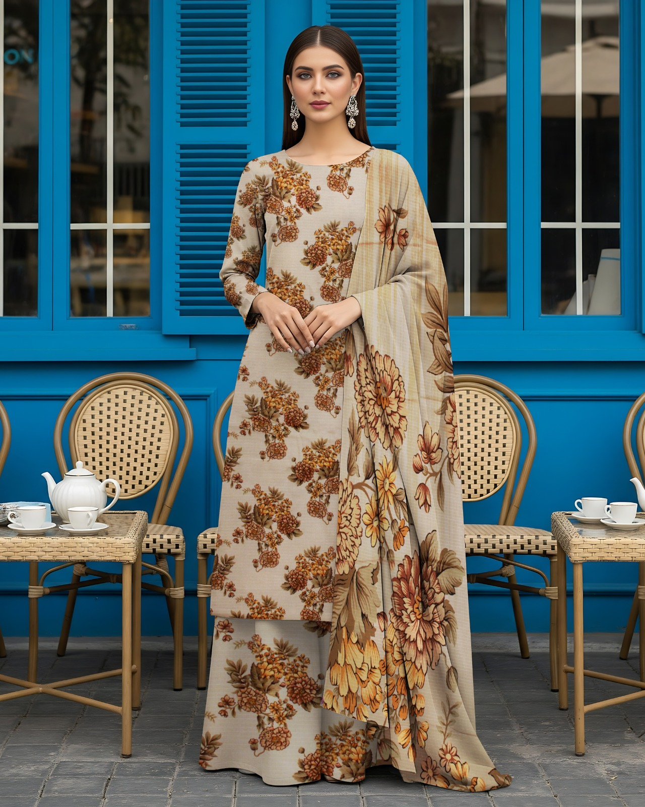 3 PIECE PRINTED LINEN SUIT-FLORAL BEIGE (UNSTICHED)